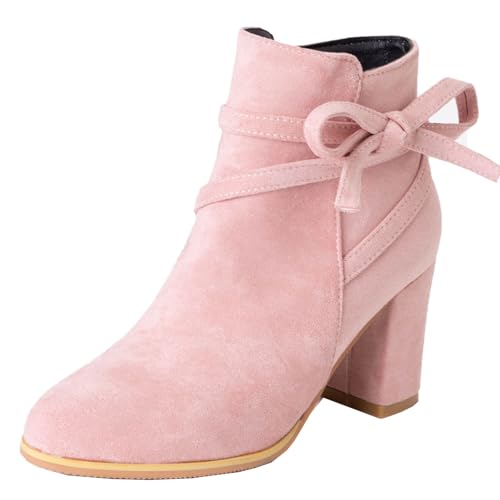 Onewus Modische Damen Kurzstiefel mit seitlichem Schleifenbändern und Blockabsatz gefüttert mit warmem Fell für (Hellrosa, 44 EU) von Onewus
