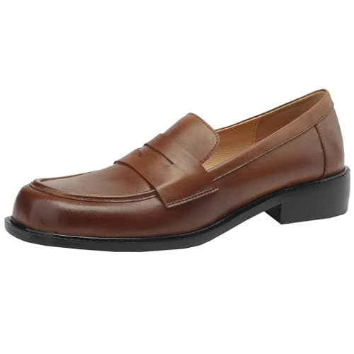 Onewus Premium-Slip-on-Loafer für Damen mit runder Zehenpartie und klobigen Absätzen (Braun, 36) von Onewus