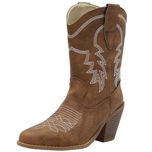 Onewus Retro Slip-On Cowboy Stiefeletten mit Blockabsätzen für Damen (Braun, 43) von Onewus