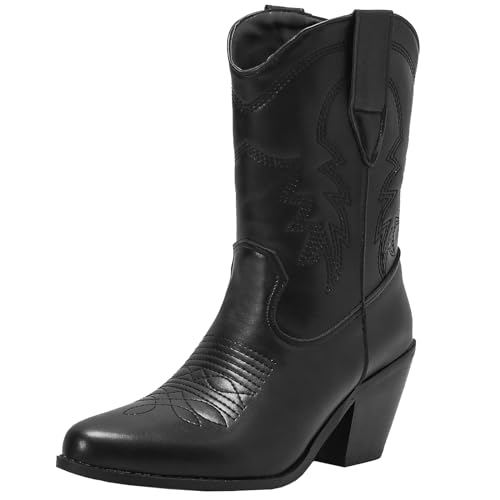 Onewus Retro Slip-On Cowboy Stiefeletten mit Blockabsätzen für Damen (Schwarz, 46) von Onewus