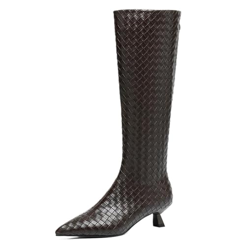 Onewus Stiefeletten Damen | Gestrickte Booties mit Spitze und Kitten-Heel für Alltag und Parties (Braun-Synthetisches Futter, 37 EU) von Onewus