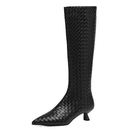Onewus Stiefeletten Damen | Gestrickte Booties mit Spitze und Kitten-Heel für Alltag und Parties (Schwarz-Kalte Innenausstattung, 36 EU) von Onewus