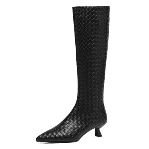 Onewus Stiefeletten Damen | Gestrickte Booties mit Spitze und Kitten-Heel für Alltag und Parties (Schwarz-Synthetisches Futter, 32 EU) von Onewus