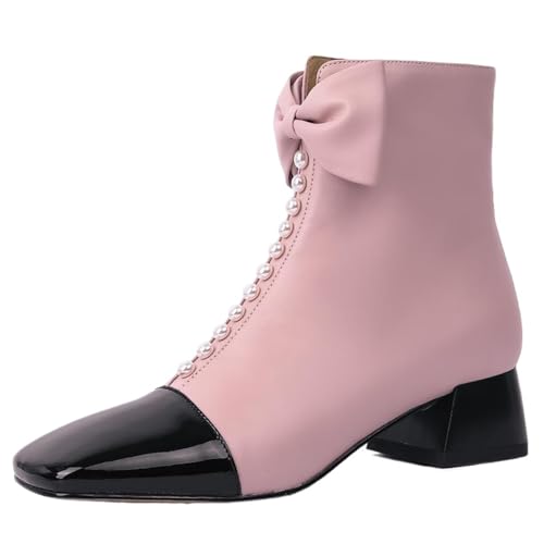 Onewus Stiefeletten mit Quadratischer Zehe | Stiefeletten für Damen mit Schleife & Synthetische Perle (Rosa-Kalte Innenausstattung, 44 EU) von Onewus