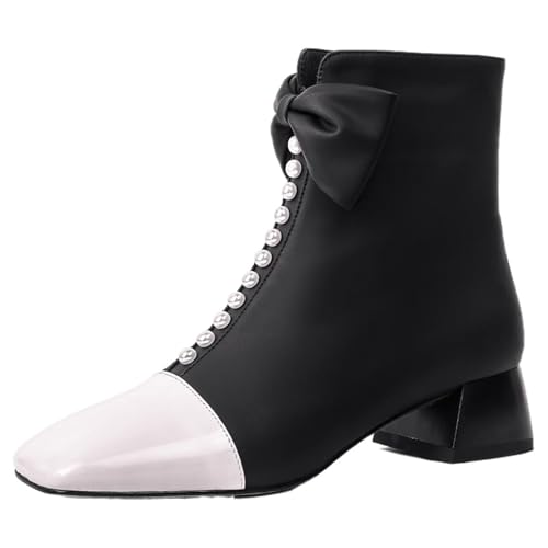 Onewus Stiefeletten mit Quadratischer Zehe | Stiefeletten für Damen mit Schleife & Synthetische Perle (Schwarz-Synthetisches Futter, 40 EU) von Onewus