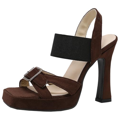Onewus Stilvolle Damen High Heel Sandalen mit elastischen Riemen - Plateausandalen mit dicker Sohle für Damen (Braun,42) von Onewus