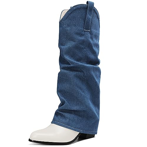 Onewus Stylische Chunky High Heel Damen Denim Mid-Calf Boots mit spitzer Zehenpartie - Trendige Modestiefel mit zweiteiligem Design (Blau, 37) von Onewus