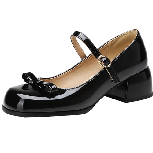 Onewus Süße Damen Mary Jane Schuhe mit Klobigen Absätzen und Niedlicher Fliege(Schwarz, 42) von Onewus