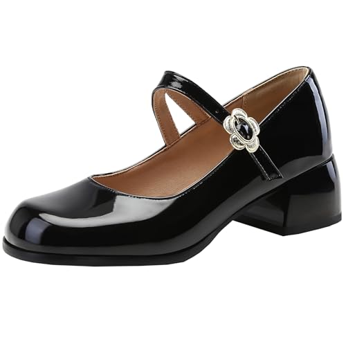 Onewus Vintage Damen Mary Jane Schuhe mit Klobigen Absätzen und Abgerundeter Zehenpartie (Schwarz, 42) von Onewus