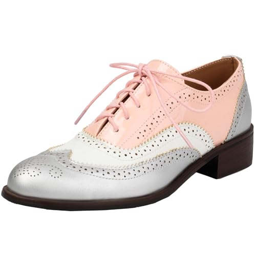 Onewus Vintage-Damen-Oxford-Schuhe mit niedrigem, klobigen Absatz und Schnürverschluss - Retro Casual Style (Rosa,35) von Onewus