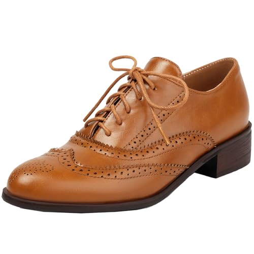 Onewus Vintage-Oxford-Schuhe für Damen mit niedrigem, klobigen Absatz und Schnürung (Gelb,41) von Onewus