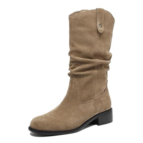 Onewus Western Stiefel Damen | Retro Wildleder Slip-On Mittelschäftstiefel mit Blockabsatz (Apricot-Kalte Innenausstattung, 32 EU) von Onewus