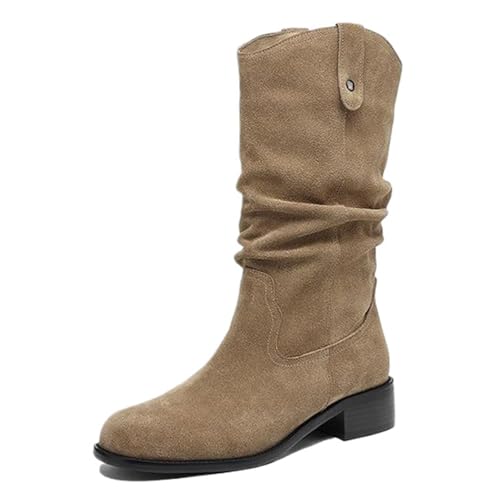 Onewus Western Stiefel Damen | Retro Wildleder Slip-On Mittelschäftstiefel mit Blockabsatz (Apricot-Synthetisches Futter, 42 EU) von Onewus