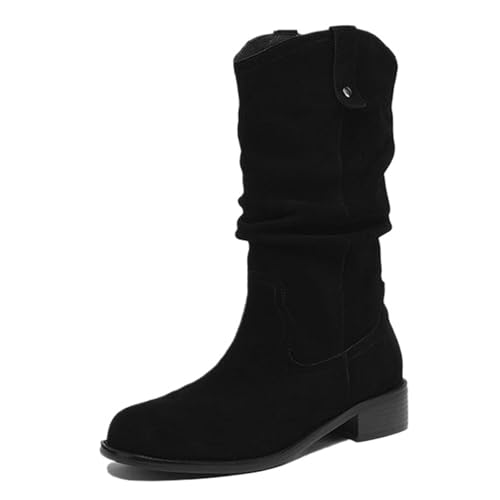 Onewus Western Stiefel Damen | Retro Wildleder Slip-On Mittelschäftstiefel mit Blockabsatz (Schwarz-Synthetisches Futter, 46 EU) von Onewus