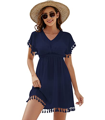 Onfettic Damen Strandkleid Sommer Badeanzug Strandtunika Chiffon Strandponcho Sommerkleider Bikini Cover mit V-Ausschnitt (Blau, M) von Onfettic