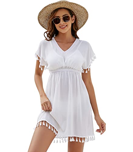 Onfettic Damen Strandkleid Sommer Badeanzug Strandtunika Chiffon Strandponcho Sommerkleider Bikini Cover mit V-Ausschnitt (Weiß, M) von Onfettic