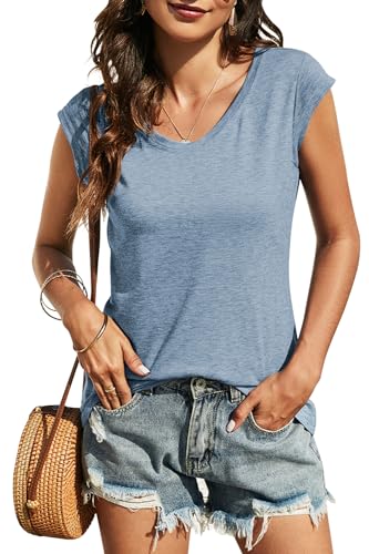 Onfettic Damen T-Shirt Sommer Kuzarm V-Ausschnitt Tops Basic Casual Oberteile Lose Blouse Shirt(Blau,2XL) von Onfettic