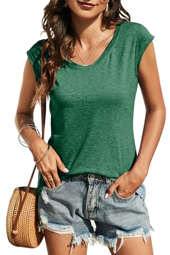 Onfettic Damen T-Shirt Sommer Kuzarm V-Ausschnitt Tops Basic Casual Oberteile Lose Blouse Shirt(Grün,2XL) von Onfettic