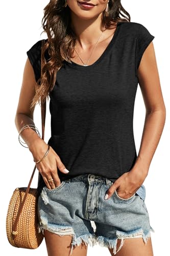 Onfettic Damen T-Shirt Sommer Kuzarm V-Ausschnitt Tops Basic Casual Oberteile Lose Blouse Shirt(Schwarz,L) von Onfettic