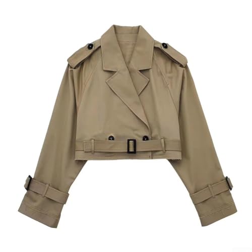 Oniissy Damen Cropped Jacke Langarm Gürtel Trenchcoat Einfarbig Modische Crop Jacke Cropped Trenchcoat für Komfort Mäntel Top Frühling (S Dunkelbraun) von Oniissy