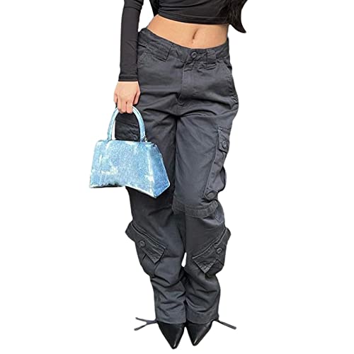 Oniissy Damen Mädchen Cargohose Y2K Baggy hohe Taille Cargo Hose gerade weites Bein Baggy Jeans Y2K Gothic Denim Hose Streetwear mit Taschen von Oniissy