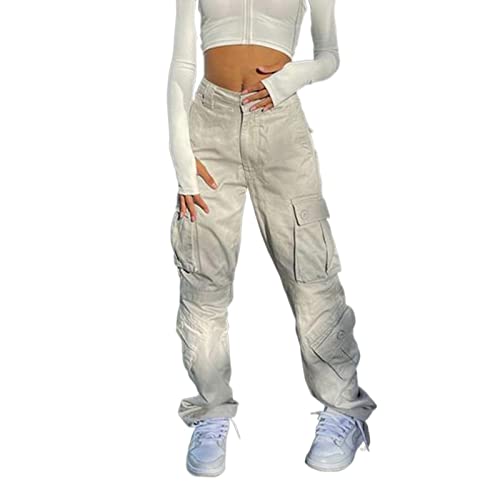 Oniissy Damen Mädchen Cargohose Y2K Baggy hohe Taille Cargo Hose gerade weites Bein Baggy Jeans Y2K Gothic Denim Hose Streetwear mit Taschen von Oniissy