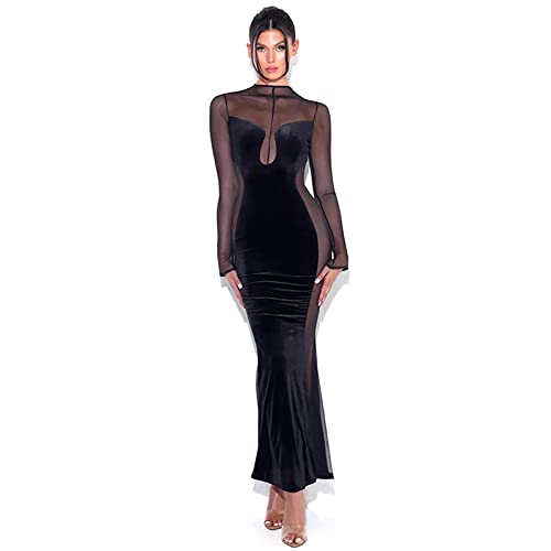 Oniissy Damen Sexy Langarm Rückenfreies Maxikleid Skinny High Schlitz Cutout Maxikleid Elegantes Mesh Wrap Club Party Kleid von Oniissy