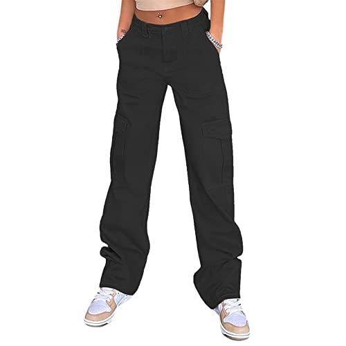 Oniissy Y2K-Hose mit hoher Taille Baggy High Waist Jeans für Damen, Stretch-Cargohose,mehrere Taschen, entspannte Passform, gerades weitem Bein, hohe Beinlänge,Y2K Boyfriend Denim Jeggings Jeanshose von Oniissy