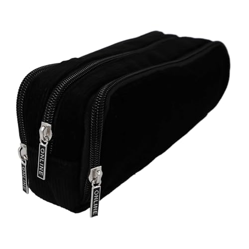 Online Etui Federmappe Triple I Großes, schwarzes Cord Federmäppchen mit 3 Fächern – ideal für Schule, Uni & Büro I Federtasche mit 8 Stiftschlaufen, 2 Netz-Fächern, Innenfach & großem Mittelfach von Online