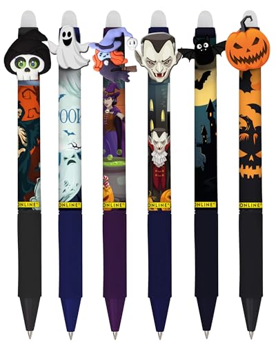 Online magiXX, 6x Radierstift Fun Halloween I Gelschreiber blau radierbar mit 0,7mm Strichstärke I Tintenroller zum Schreibenlernen, Büro I kompatibel mit Frixion Mine I Radierbarer Kugelschreiber von Online