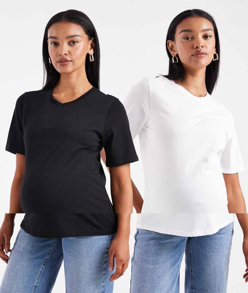 ONLY Maternity - 2er-Pack T-Shirts in Schwarz und Weiß, Umstandsmode von Only Maternity