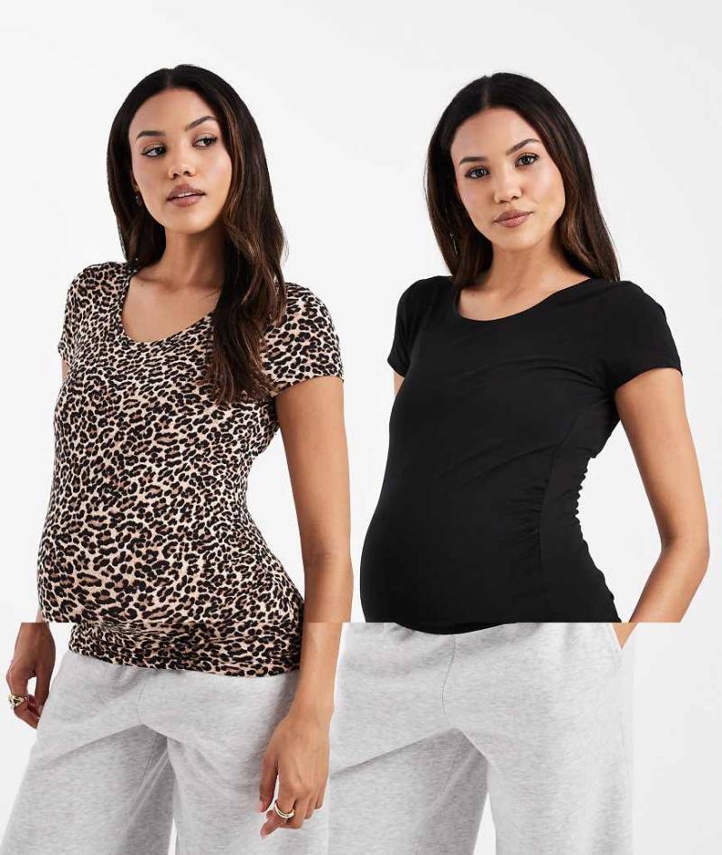 ONLY Maternity - 2er-Pack T-Shirts in Schwarz und mit Animal-Print und Rundhalsausschnitt, Umstandsmode von Only Maternity