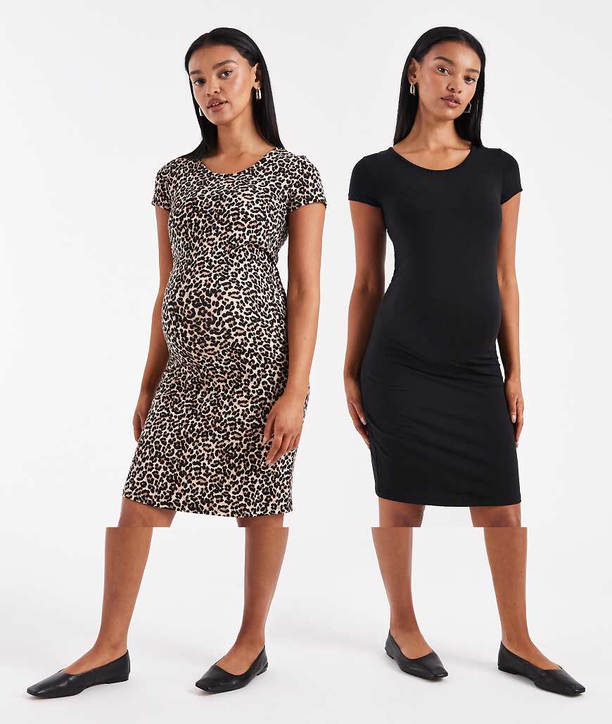 ONLY Maternity - 2er-Pack kurzärmlige Kleider in Schwarz und mit Animal-Print, Umstandsmode von Only Maternity