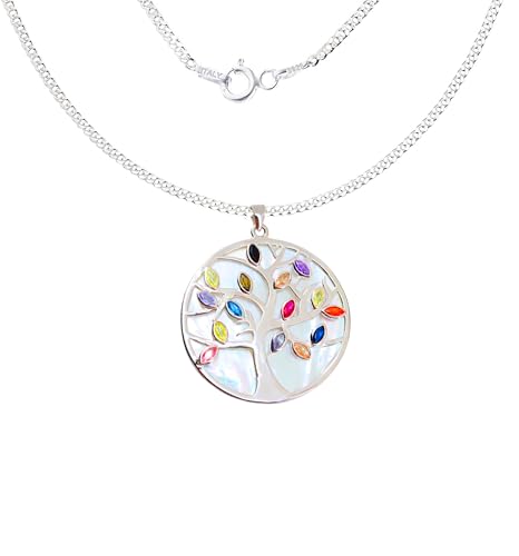 Only faith Halskette aus 925 Sterling Silber mit Lebensbaum Anhänger mit bunten Edelsteinen, Perlmutt-Hintergrund, Kette 45 cm, S, Silber, Kein Edelstein von Only faith