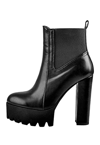 Only maker Damen Blockabsatz Stiefeletten Plateaustiefel Bequeme Elastische Ankle Boots Chelsea Runde Zehen Stiefel Lederoptik Schwarz 36 EU von Only maker