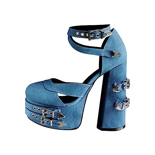 Only maker Damen Extrem Hohe High Heels Plateau Klobiger Absatz Pumps Gothic Mary Jane Halbschuhe Riemchenpumps Schnalle Riemen Jeans Blau 36 EU von Only maker