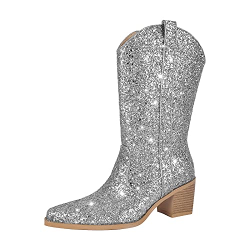 Only maker Damen Fashin Stiefel Glitter Cowboy Boots Damen Halbschaftstiefel Westernstiefel Metallic Silber 42 EU von Only maker