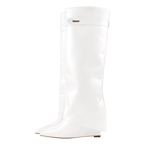 Only maker Damen Fashion Stiefel mit Keilabsatz Elegante Spitze Keilstiefel Wedges Boots Weiß 39 EU von Only maker