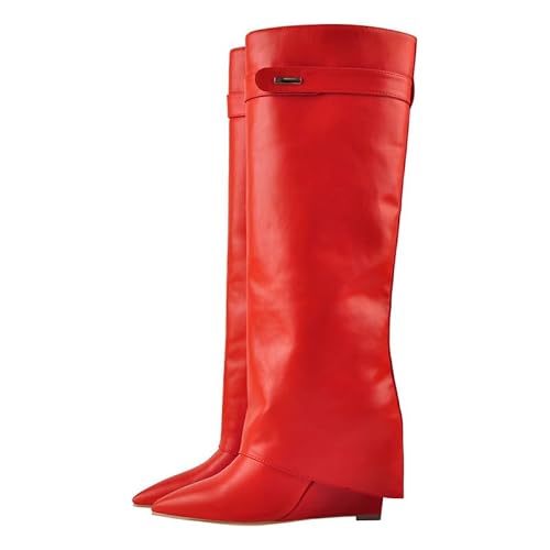 Only maker Damen Keilstiefel Modische Stiefel mit Keilabsatz Elegante Spitze Knee High Wedges Boots Fold over Glattleder Rot 40 EU Only maker Damen Keilstiefel Modische Stiefel mit Keilabsatz Elegante Spitze Knee High Wedges Boots Fold over Glattleder Rot 40 EU von Only maker