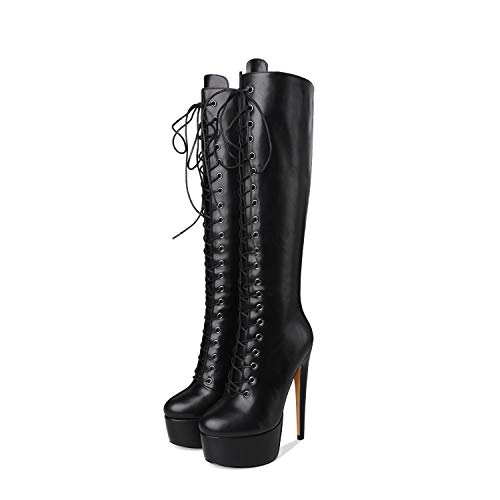 Only maker Damen Kniehoch Stiefel Plateau Hohe Schnürstiefel mit Stiletto Absatz Lederimitat Schwarz 40 EU von Only maker