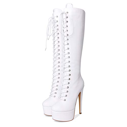 Only maker Damen Kniehoch Stiefel Plateau Hohe Schnürstiefel mit Stiletto Absatz Reißverschluss Weiß 41 EU Only maker Damen Kniehoch Stiefel Plateau Hohe Schnürstiefel mit Stiletto Absatz Reißverschluss Weiß 41 EU von Only maker