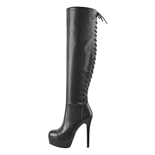 Only maker Damen Langschaft Stiefel Plateau Longboots Schnürstiefel Lederoptik Schwarz 40 EU von Only maker