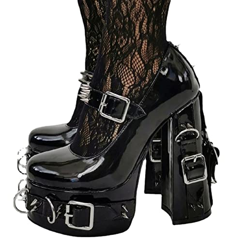 Only maker Damen Mary Jane Pumps Lolita Plateau High Heels Blockabsatz mit Nieten Schnallen Metallingen Lack Schwarz 36 EU von Only maker