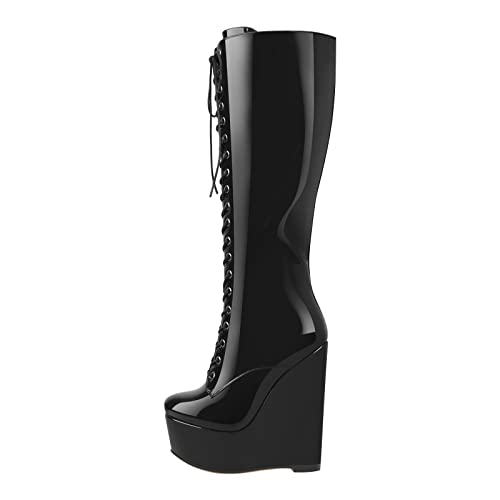 Only maker Damen Mode-Stiefel Plattform Wedge Boots Reißverschluss Kniehoch 16 cm High Heels Stiefel Metallic Lackoptik Schwarz 41 EU von Only maker