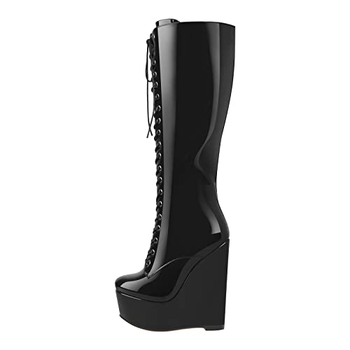 Only maker Damen Mode-Stiefel Plattform Wedge Boots Reißverschluss Kniehoch 16 cm High Heels Stiefel Metallic Lackoptik Schwarz 42 EU von Only maker