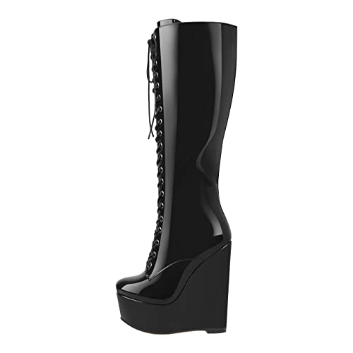 Only maker Damen Mode-Stiefel Plattform Wedge Boots Reißverschluss Kniehoch 16 cm High Heels Stiefel Metallic Lackoptik Schwarz 43 EU von Only maker