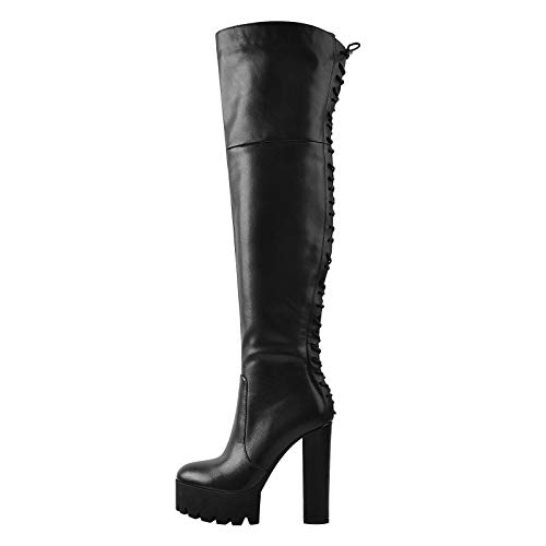 Only maker Damen Overknee High Heel Sexy Stiefel Plateau Blockabsatz Schwarz 39 EU von Only maker