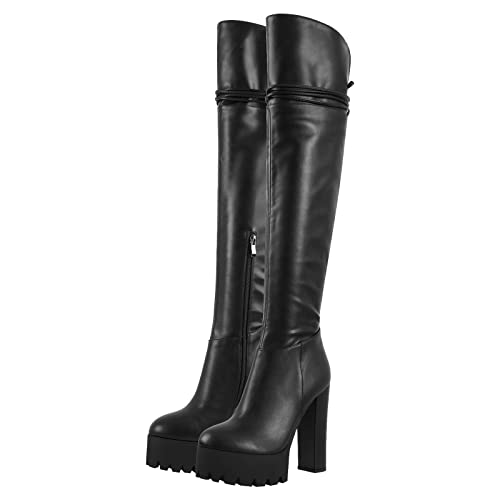 Only maker Damen Overknee Stiefel Schnürstiefel Plateau Boots Blockabsatz Runde Zehen Reißverschluss Lederoptik Schwarz 42 EU von Only maker