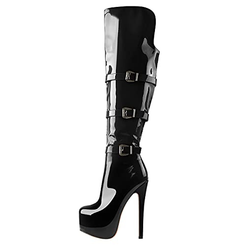 Only maker Damen Overknee Stiefel Schwarz Lackoptik mit Schnallen Stiletto High Heel Reissverschluss 45 EU von Only maker