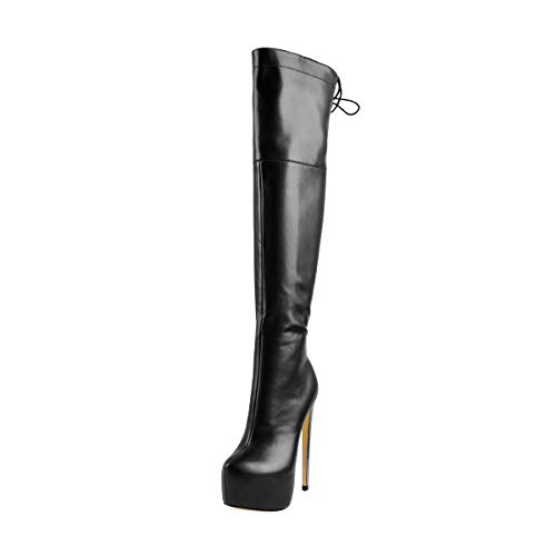 Only maker Damen Overknees Plateau Stiefel mit hohem Schaft Stiletto Absatz Reißverschluss Lederimitat Schwarz 39 EU von Only maker